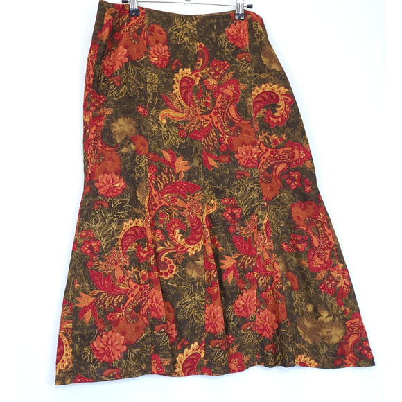RQT Midi Trumpet Skirt Paisley Floral Women‎ 14 Olive Reds Mature Office Retro - Picture 3 of 10